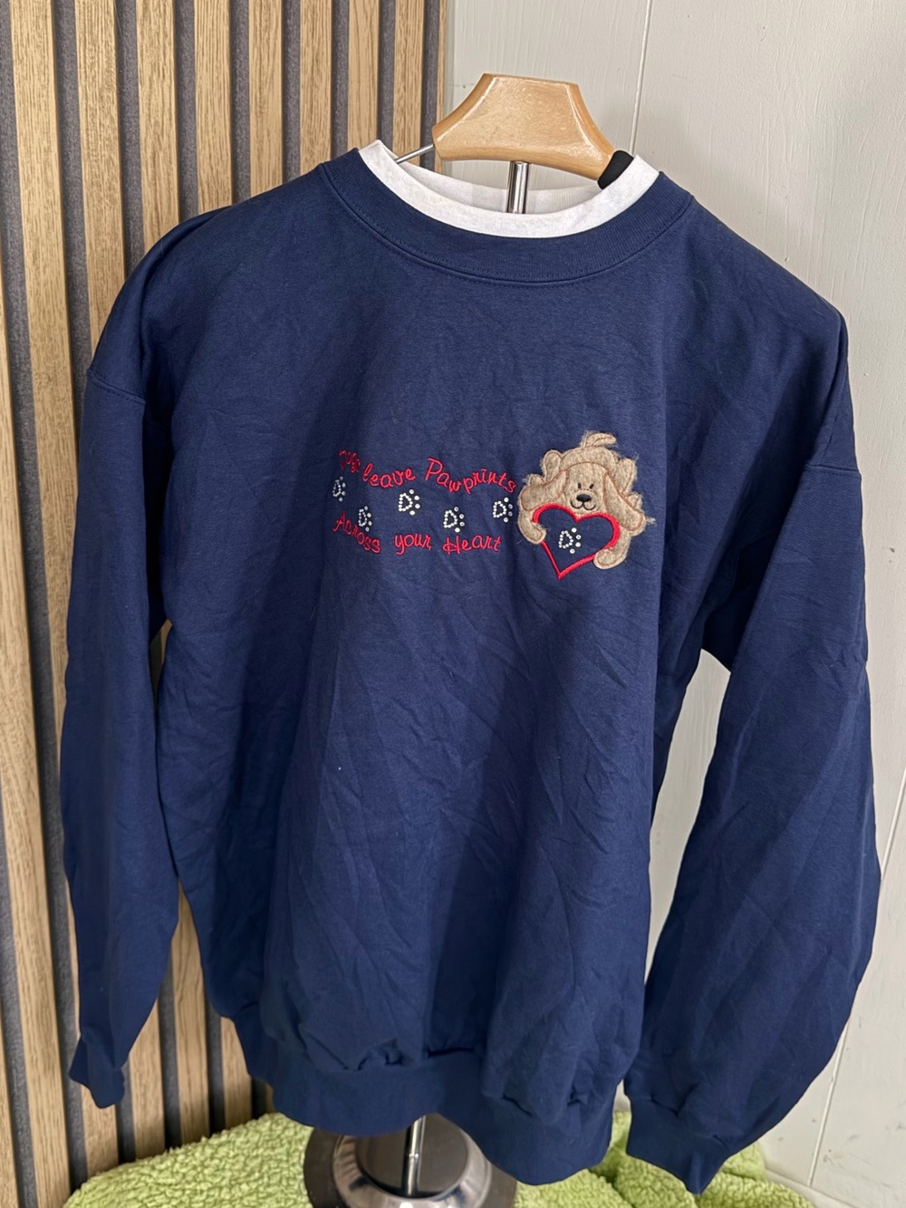 Embroidered Navy Crewneck Sweatshirt with Heart Accent - Women's - Picture 2 of 6